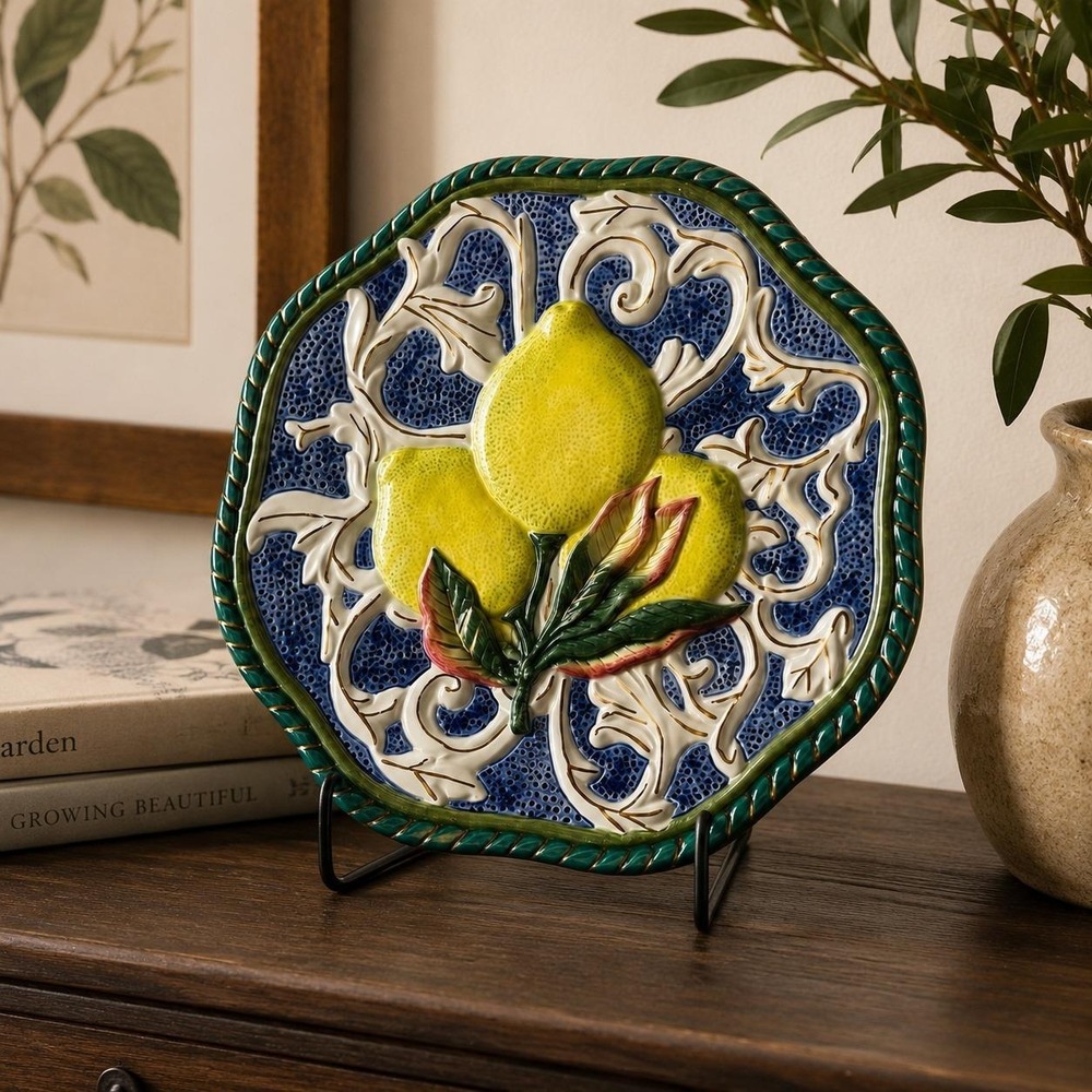 Fitz and Floyd Classics Lemon Wall Plate Majolica Blue Scrollwork 1990s